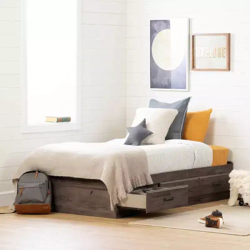 Twin Ulysses Mates Kids' Bed with 3 Drawers Fall Oak - South Shore: Modern Twin Bed Frame, Storage, Unupholstered