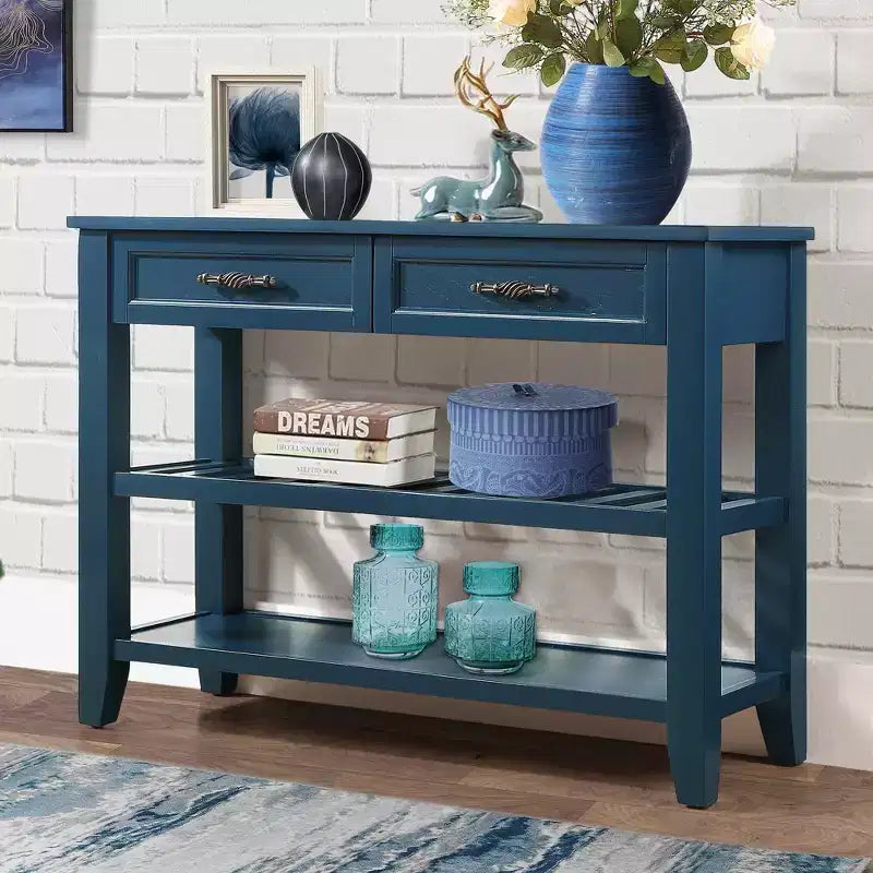 Whisen Mid-Century Style Console Table with Two Storage Drawers and Two Tiers Shelves