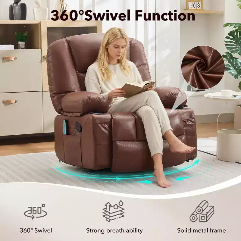 Massage Recliner Chair for Adults, 360 Swivel Rocking Chair with Massage& Heating, Glider Recliner Chairs with Storage and Cup Holder