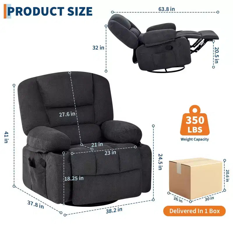 Massage Recliner Chair for Adults, 360 Swivel Rocking Chair with Massage& Heating, Glider Recliner Chairs with Storage and Cup Holder