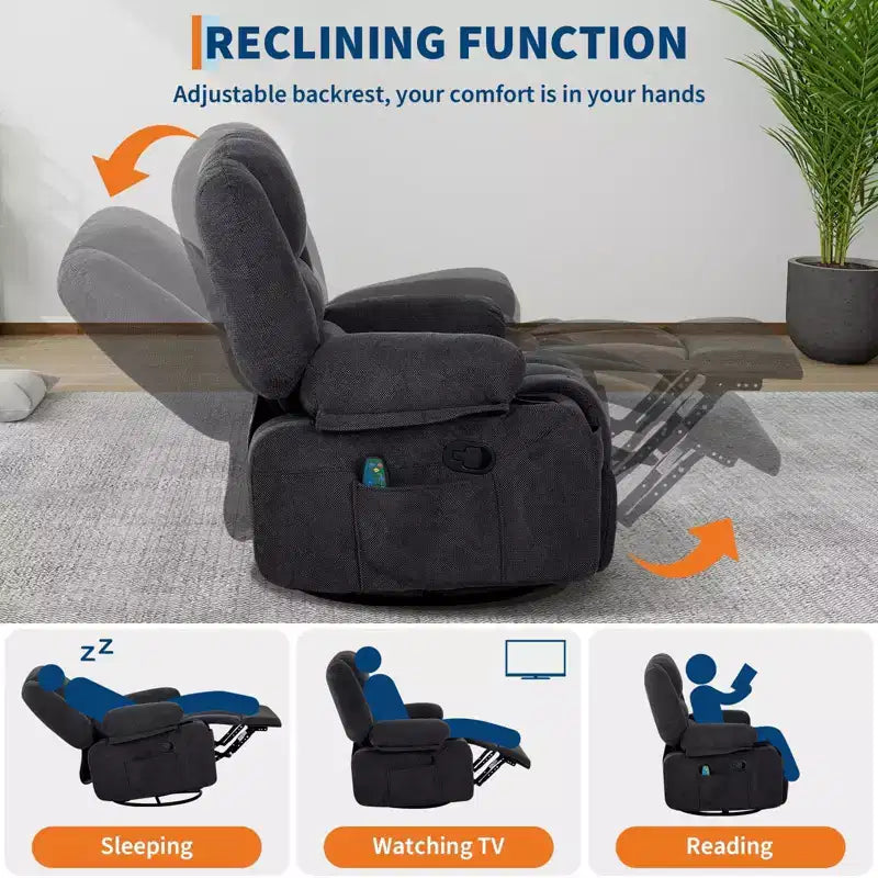 Massage Recliner Chair for Adults, 360 Swivel Rocking Chair with Massage& Heating, Glider Recliner Chairs with Storage and Cup Holder