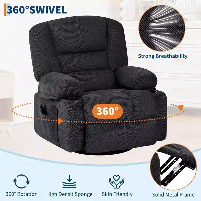 Massage Recliner Chair for Adults, 360 Swivel Rocking Chair with Massage& Heating, Glider Recliner Chairs with Storage and Cup Holder