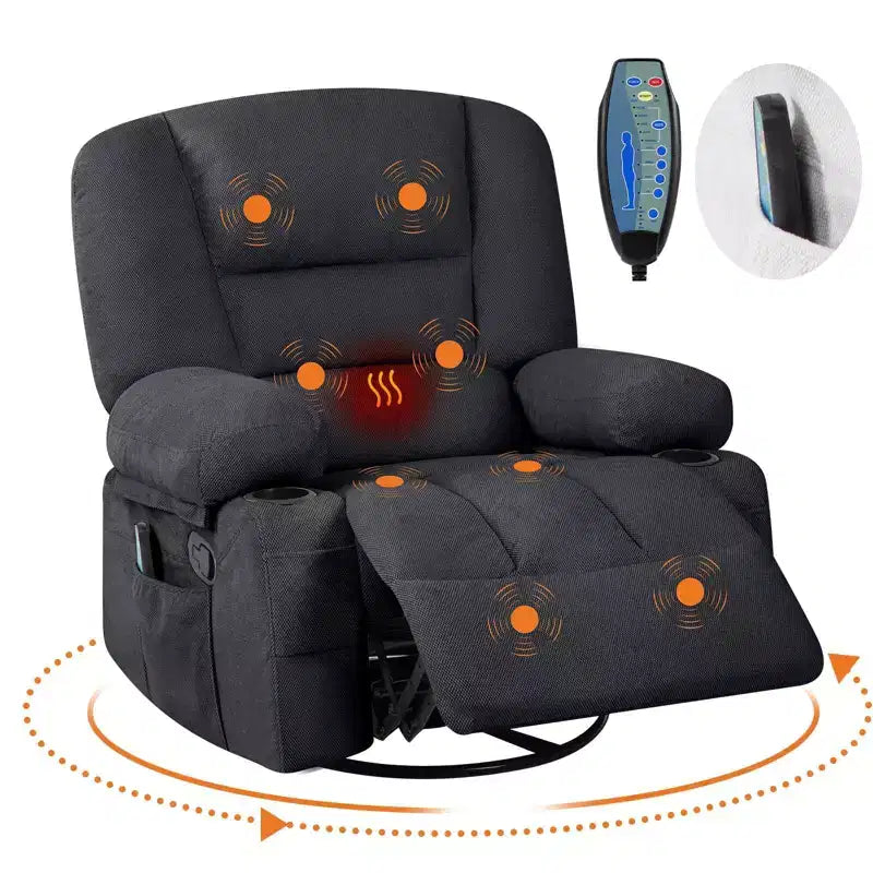 Massage Recliner Chair for Adults, 360 Swivel Rocking Chair with Massage& Heating, Glider Recliner Chairs with Storage and Cup Holder