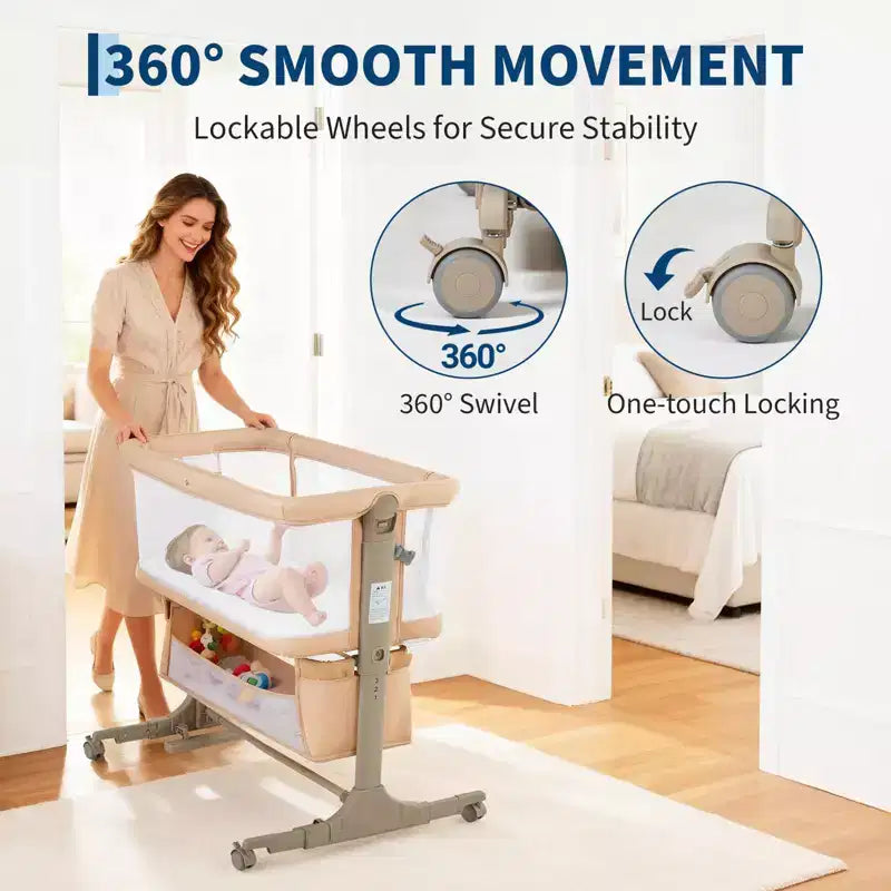 3-in-1 Adjustable Bedside Bassinet,Portable Baby Co-Sleeper with Mosquito Net & Storage Basket | Convertible Travel Crib with Wheels