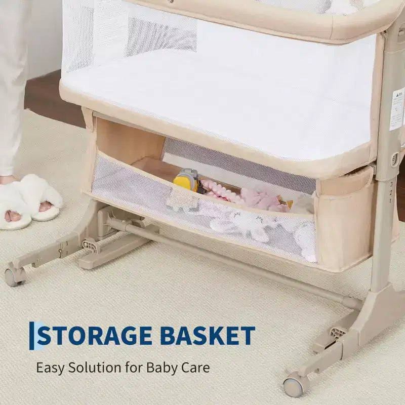 3-in-1 Adjustable Bedside Bassinet,Portable Baby Co-Sleeper with Mosquito Net & Storage Basket | Convertible Travel Crib with Wheels