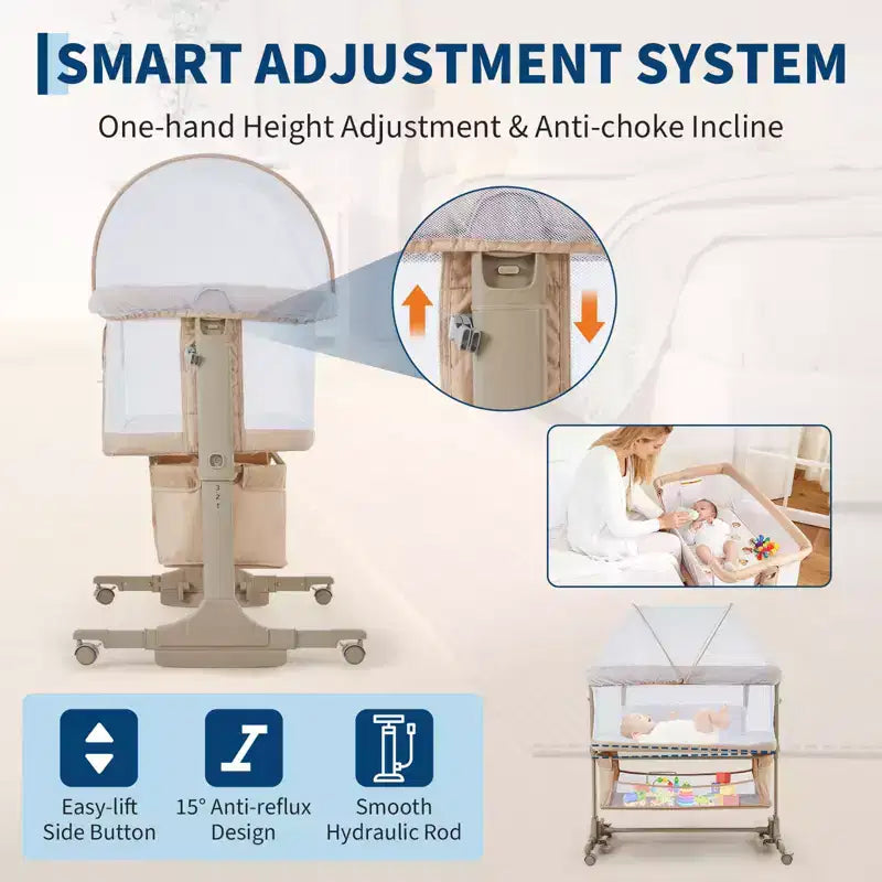3-in-1 Adjustable Bedside Bassinet,Portable Baby Co-Sleeper with Mosquito Net & Storage Basket | Convertible Travel Crib with Wheels