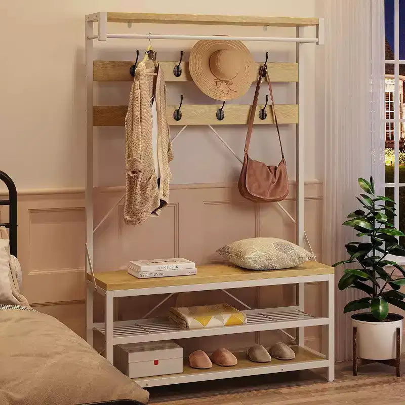 72 Coat Rack Shoe Bench, Industrial Hall Tree Storage Bench for Entryway, Wood Look Accent Large Shoe Rack with Storage Shelf Hanging Bar and 8 Hooks