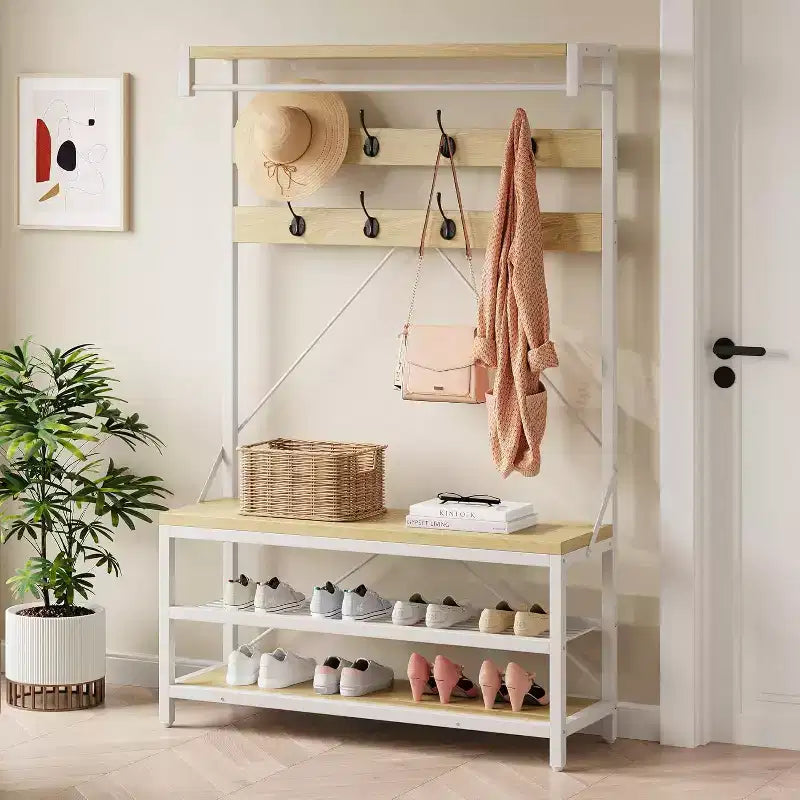 72 Coat Rack Shoe Bench, Industrial Hall Tree Storage Bench for Entryway, Wood Look Accent Large Shoe Rack with Storage Shelf Hanging Bar and 8 Hooks