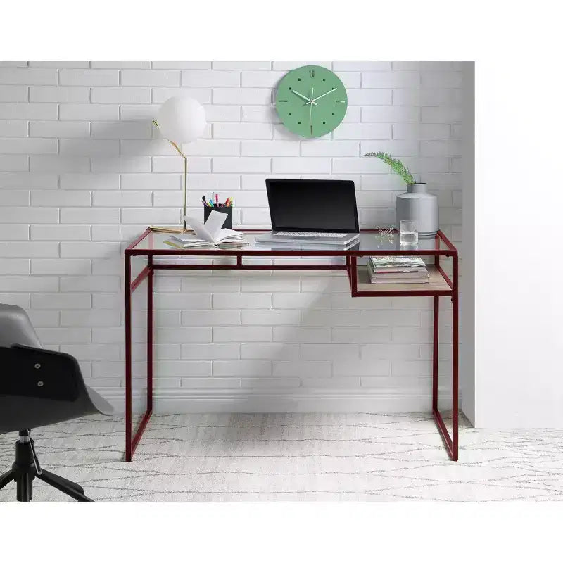 TUYOHW Writing Desk,Study Desks with Storage Shelf,Clear Glass Top,Metal Frame,Sled Base,Modern Rectangular Desk for Home Office,Study,Bedroom