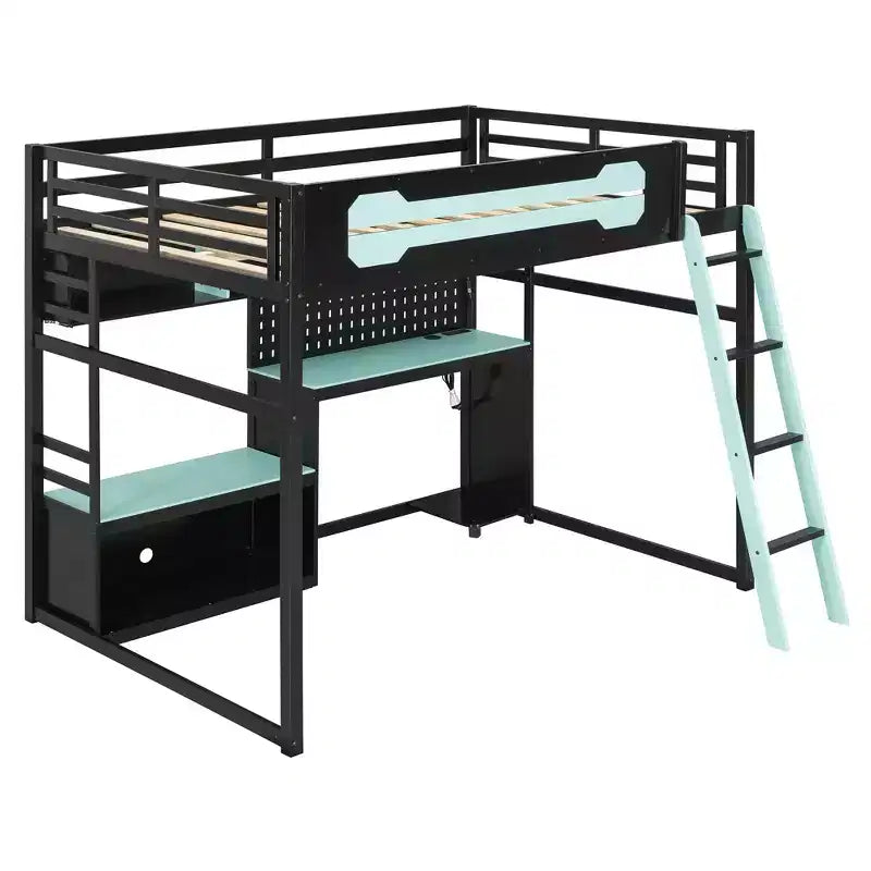 Full Size Gaming Loft Bed with Desk and Storage Shelves, Full Wood Low Loft Bed Frame with LED Lights, USB Ports and Pegboard
