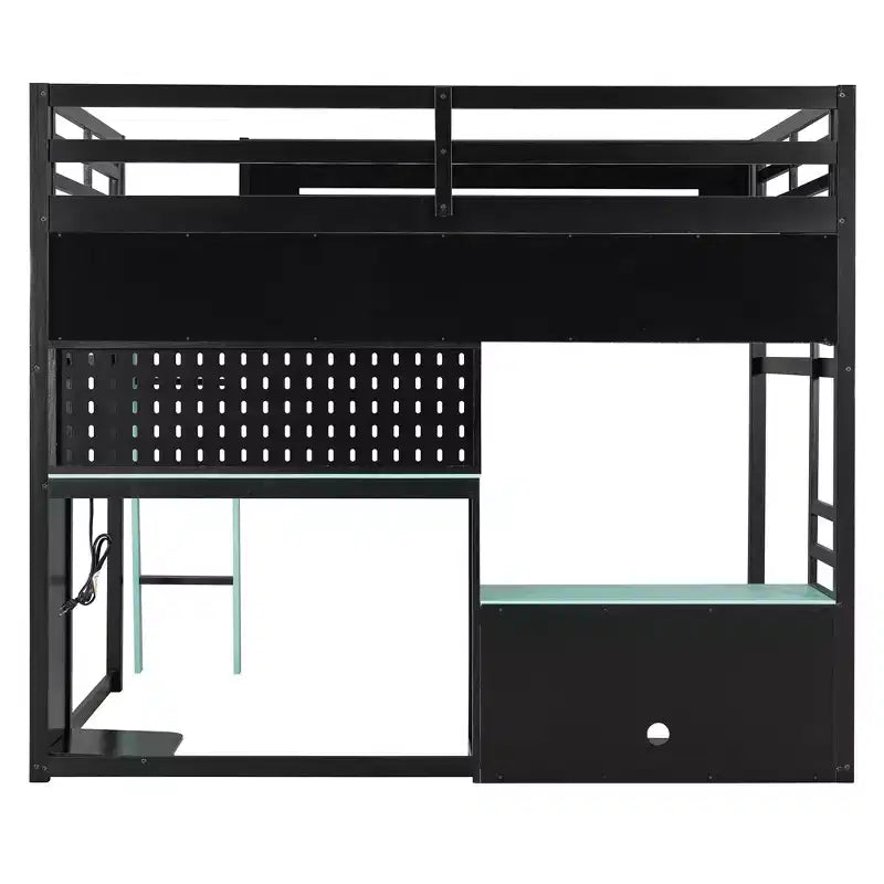 Full Size Gaming Loft Bed with Desk and Storage Shelves, Full Wood Low Loft Bed Frame with LED Lights, USB Ports and Pegboard