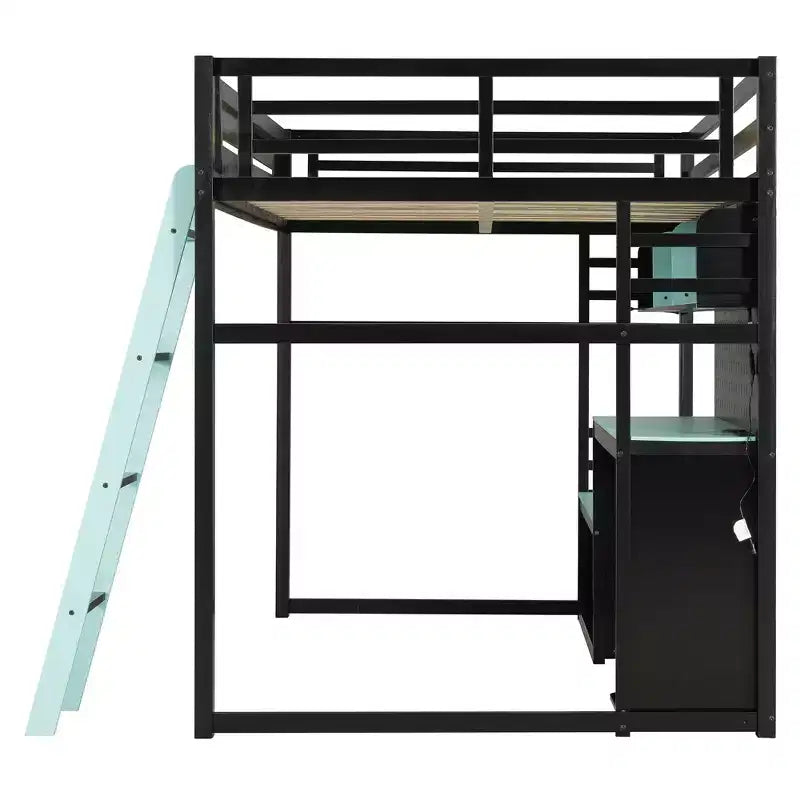 Full Size Gaming Loft Bed with Desk and Storage Shelves, Full Wood Low Loft Bed Frame with LED Lights, USB Ports and Pegboard