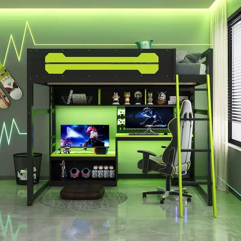 Full Size Gaming Loft Bed with Desk and Storage Shelves, Full Wood Low Loft Bed Frame with LED Lights, USB Ports and Pegboard