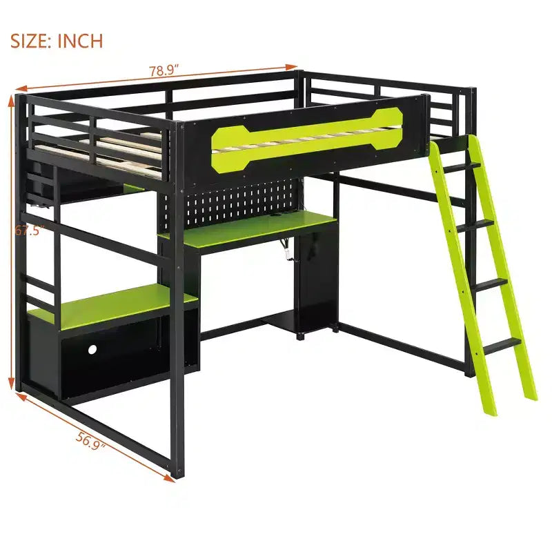 Full Size Gaming Loft Bed with Desk and Storage Shelves, Full Wood Low Loft Bed Frame with LED Lights, USB Ports and Pegboard