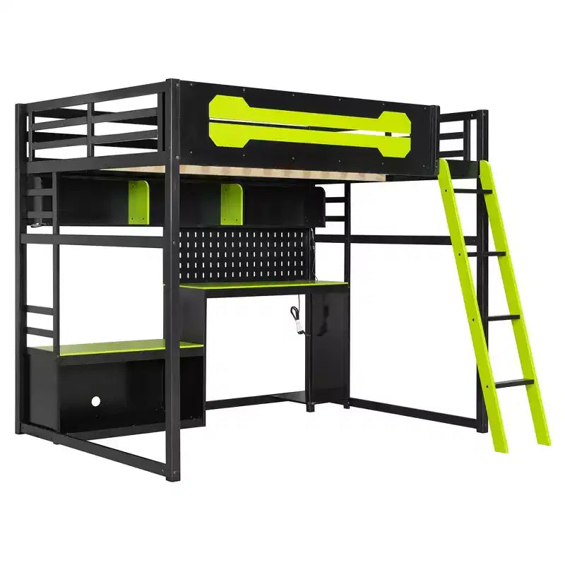 Full Size Gaming Loft Bed with Desk and Storage Shelves, Full Wood Low Loft Bed Frame with LED Lights, USB Ports and Pegboard
