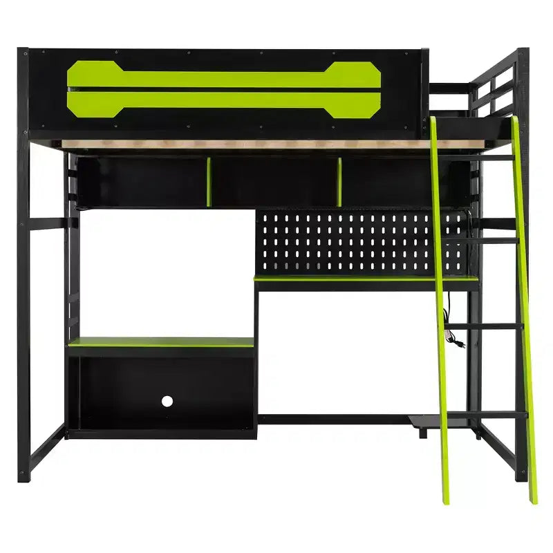 Full Size Gaming Loft Bed with Desk and Storage Shelves, Full Wood Low Loft Bed Frame with LED Lights, USB Ports and Pegboard