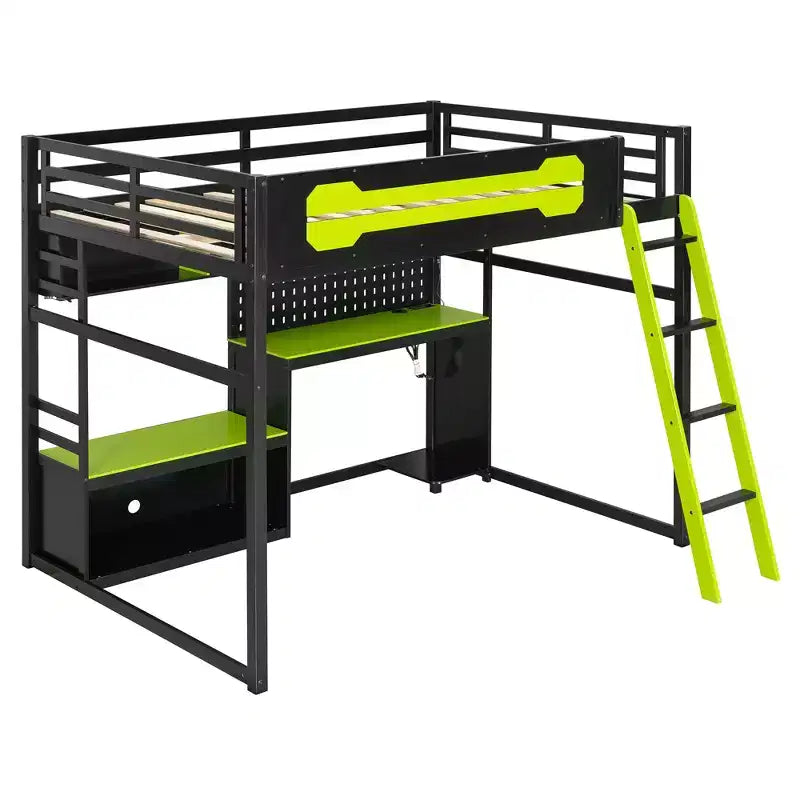 Full Size Gaming Loft Bed with Desk and Storage Shelves, Full Wood Low Loft Bed Frame with LED Lights, USB Ports and Pegboard