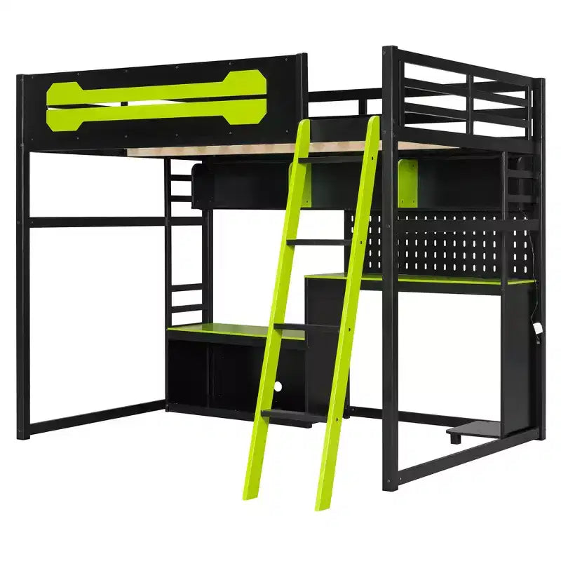 Full Size Gaming Loft Bed with Desk and Storage Shelves, Full Wood Low Loft Bed Frame with LED Lights, USB Ports and Pegboard