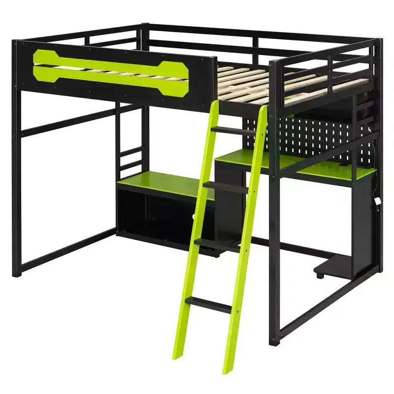 Full Size Gaming Loft Bed with Desk and Storage Shelves, Full Wood Low Loft Bed Frame with LED Lights, USB Ports and Pegboard