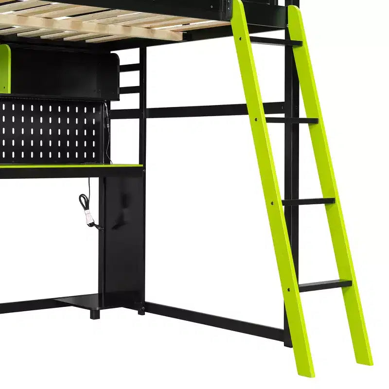 Full Size Gaming Loft Bed with Desk and Storage Shelves, Full Wood Low Loft Bed Frame with LED Lights, USB Ports and Pegboard