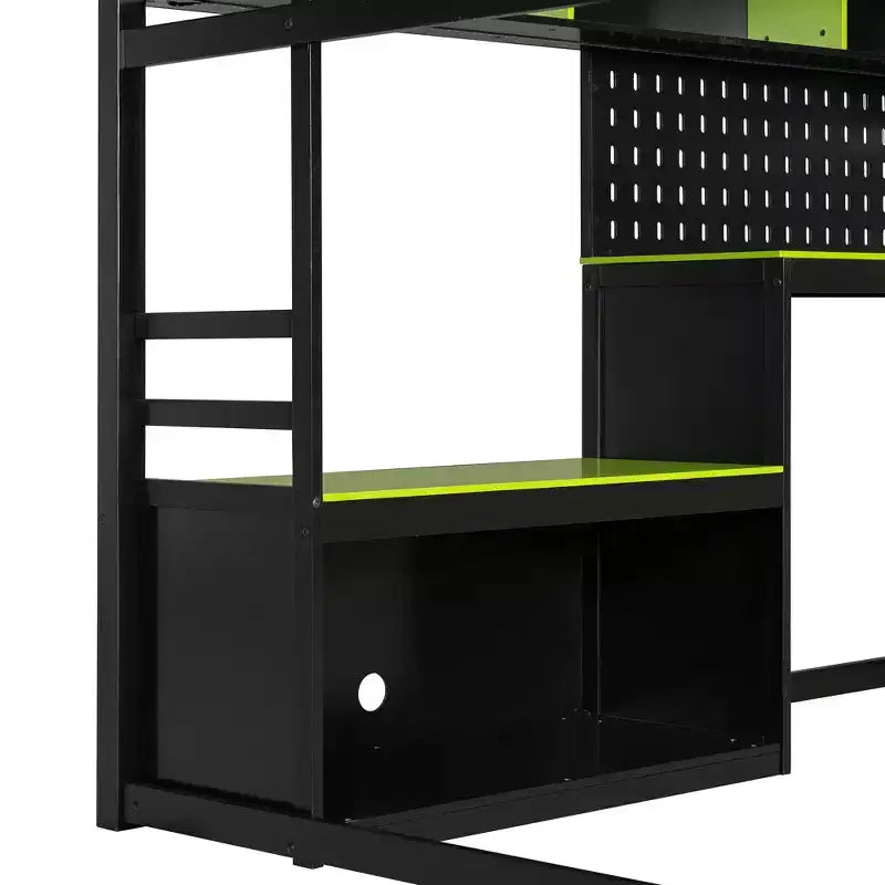 Full Size Gaming Loft Bed with Desk and Storage Shelves, Full Wood Low Loft Bed Frame with LED Lights, USB Ports and Pegboard