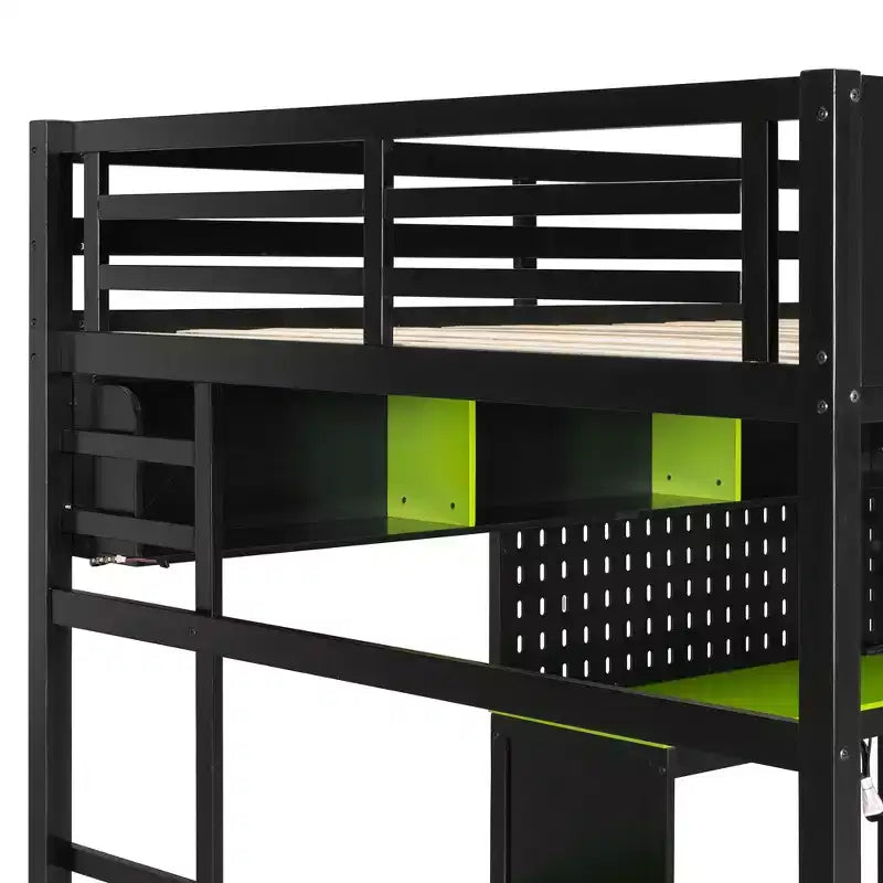 Full Size Gaming Loft Bed with Desk and Storage Shelves, Full Wood Low Loft Bed Frame with LED Lights, USB Ports and Pegboard