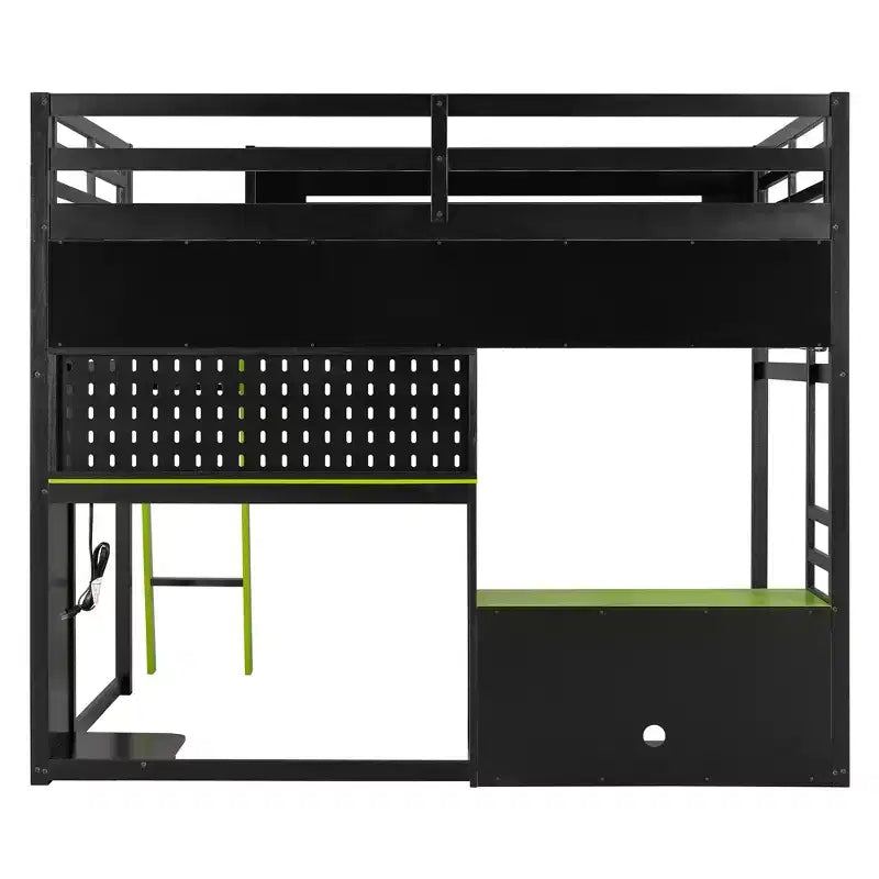 Full Size Gaming Loft Bed with Desk and Storage Shelves, Full Wood Low Loft Bed Frame with LED Lights, USB Ports and Pegboard