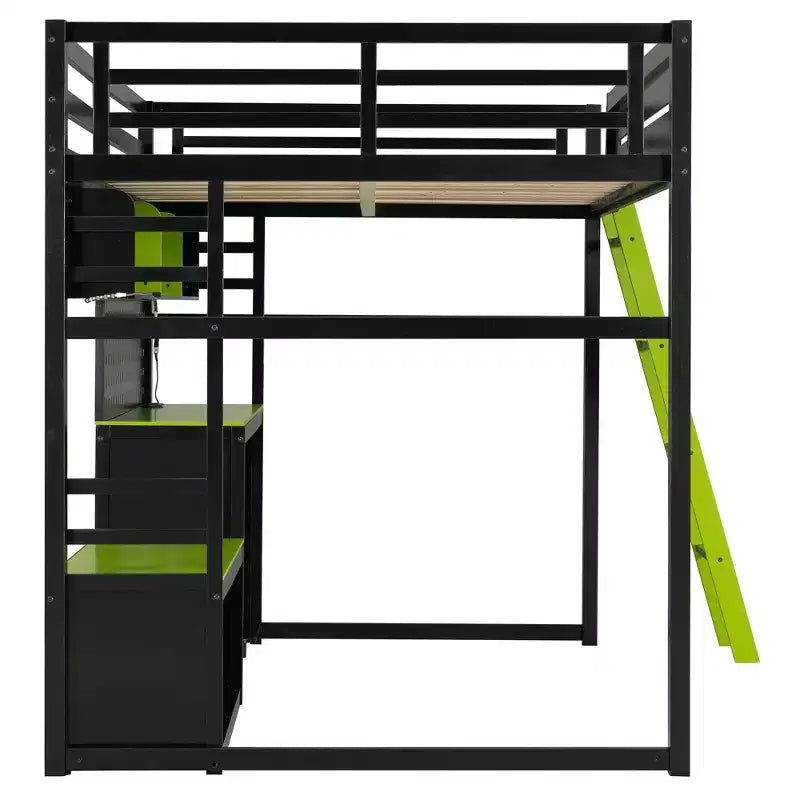 Full Size Gaming Loft Bed with Desk and Storage Shelves, Full Wood Low Loft Bed Frame with LED Lights, USB Ports and Pegboard