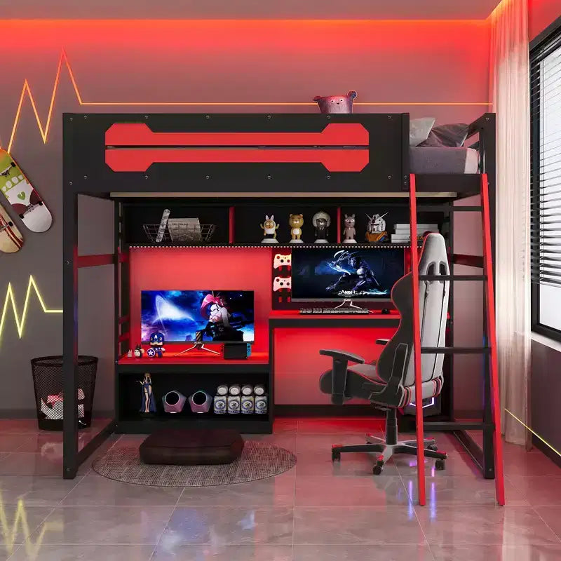 Full Size Gaming Loft Bed with Desk and Storage Shelves, Full Wood Low Loft Bed Frame with LED Lights, USB Ports and Pegboard