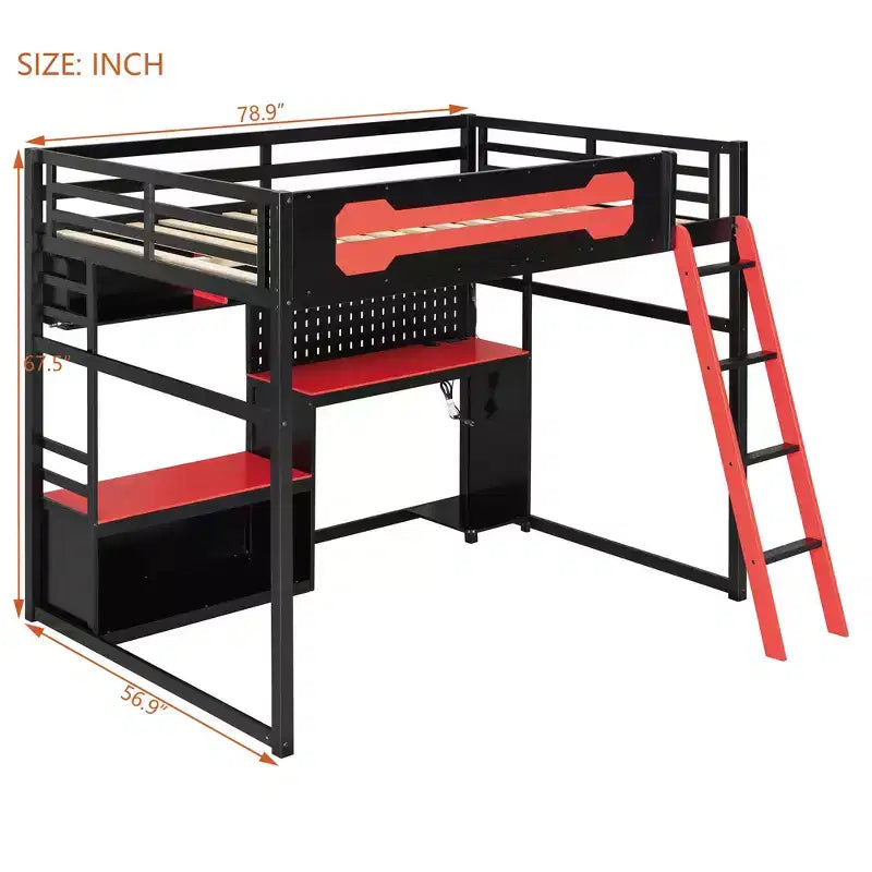 Full Size Gaming Loft Bed with Desk and Storage Shelves, Full Wood Low Loft Bed Frame with LED Lights, USB Ports and Pegboard