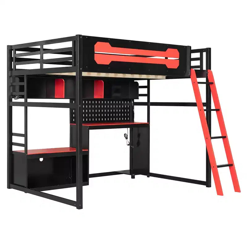 Full Size Gaming Loft Bed with Desk and Storage Shelves, Full Wood Low Loft Bed Frame with LED Lights, USB Ports and Pegboard