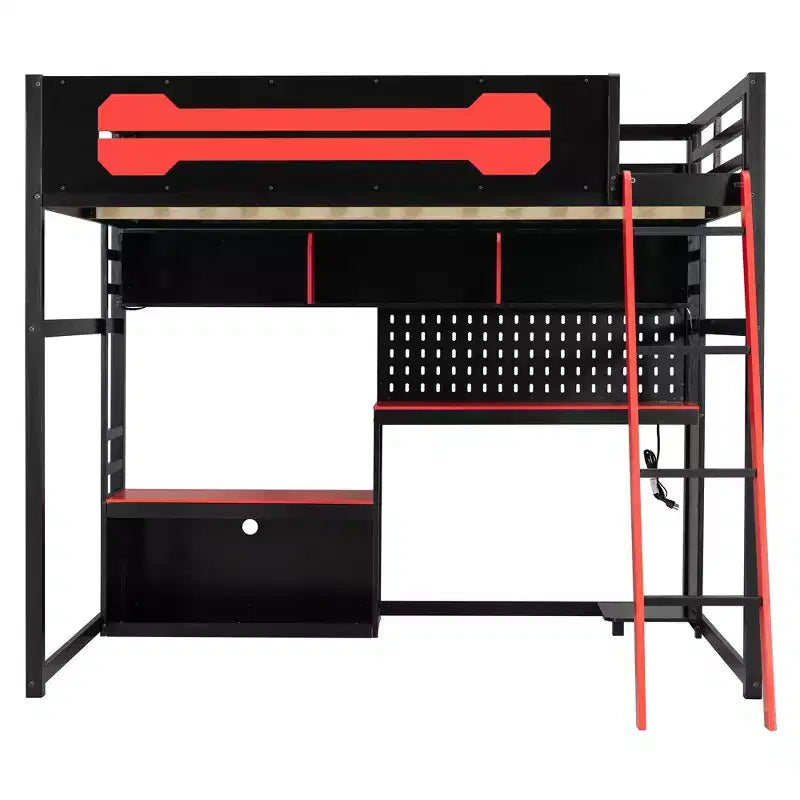 Full Size Gaming Loft Bed with Desk and Storage Shelves, Full Wood Low Loft Bed Frame with LED Lights, USB Ports and Pegboard