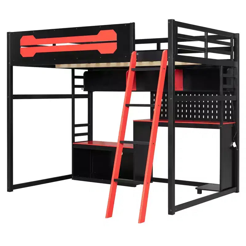 Full Size Gaming Loft Bed with Desk and Storage Shelves, Full Wood Low Loft Bed Frame with LED Lights, USB Ports and Pegboard