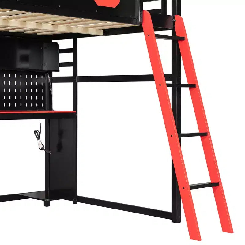 Full Size Gaming Loft Bed with Desk and Storage Shelves, Full Wood Low Loft Bed Frame with LED Lights, USB Ports and Pegboard