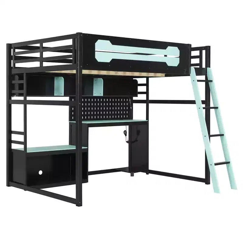 Full Size Gaming Loft Bed with Desk and Storage Shelves, Full Wood Low Loft Bed Frame with LED Lights, USB Ports and Pegboard