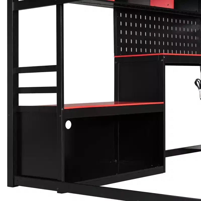 Full Size Gaming Loft Bed with Desk and Storage Shelves, Full Wood Low Loft Bed Frame with LED Lights, USB Ports and Pegboard
