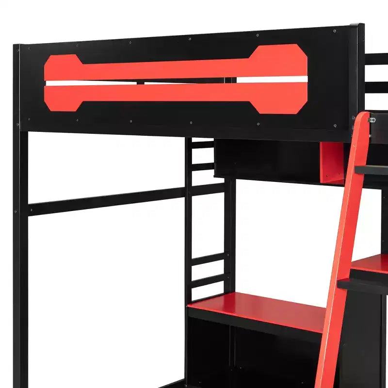 Full Size Gaming Loft Bed with Desk and Storage Shelves, Full Wood Low Loft Bed Frame with LED Lights, USB Ports and Pegboard