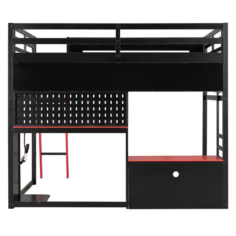 Full Size Gaming Loft Bed with Desk and Storage Shelves, Full Wood Low Loft Bed Frame with LED Lights, USB Ports and Pegboard