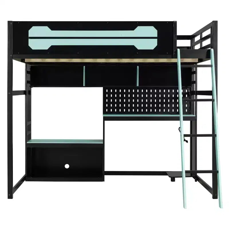 Full Size Gaming Loft Bed with Desk and Storage Shelves, Full Wood Low Loft Bed Frame with LED Lights, USB Ports and Pegboard