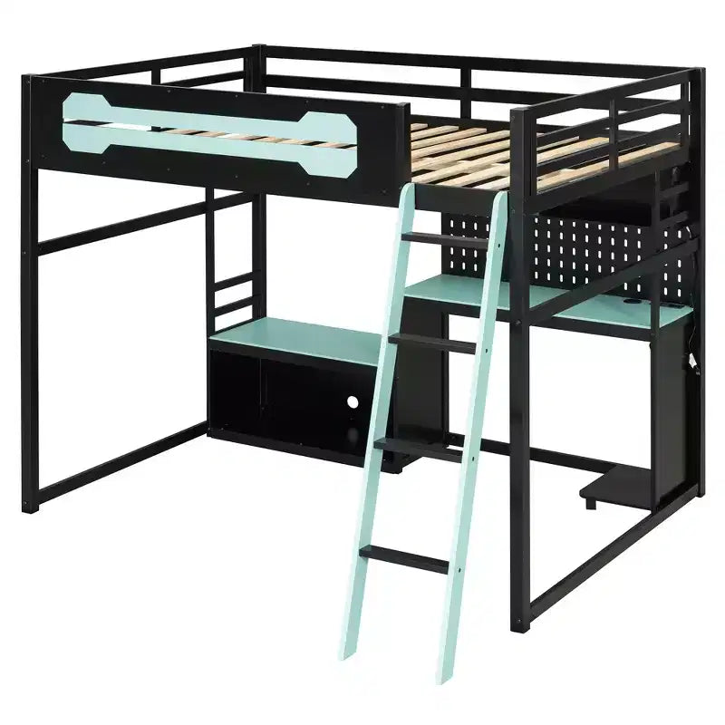 Full Size Gaming Loft Bed with Desk and Storage Shelves, Full Wood Low Loft Bed Frame with LED Lights, USB Ports and Pegboard