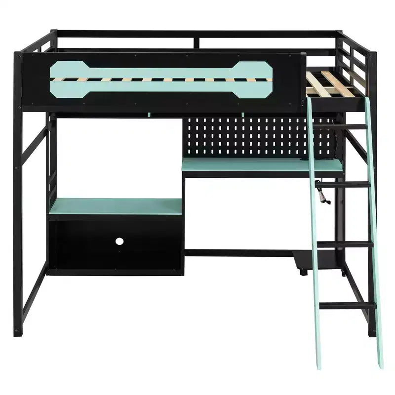 Full Size Gaming Loft Bed with Desk and Storage Shelves, Full Wood Low Loft Bed Frame with LED Lights, USB Ports and Pegboard