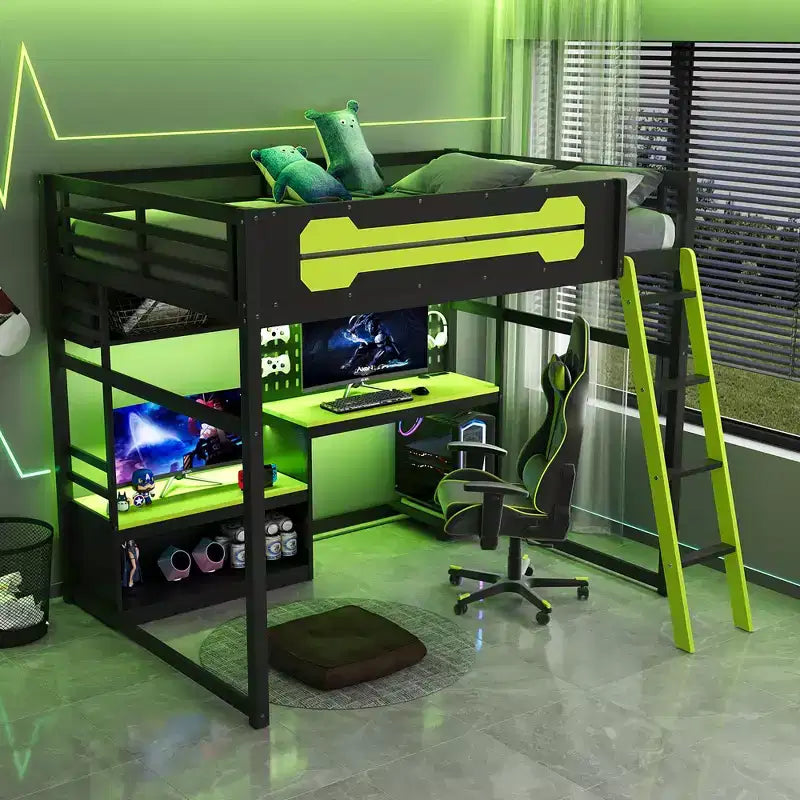 Full Size Gaming Loft Bed with Desk and Storage Shelves, Full Wood Low Loft Bed Frame with LED Lights, USB Ports and Pegboard
