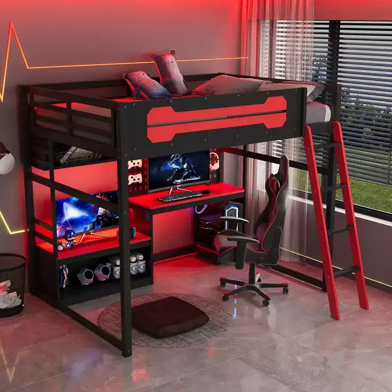 Full Size Gaming Loft Bed with Desk and Storage Shelves, Full Wood Low Loft Bed Frame with LED Lights, USB Ports and Pegboard