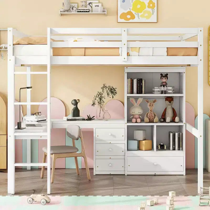 Bellemave Full Loft Bed with Desk, Storage Shelves and Drawers,Wood Loft Bed Frame with Guardrails and Built-in Ladder for Teens and Adults