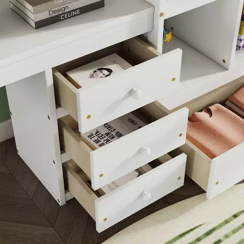 Bellemave Full Loft Bed with Desk, Storage Shelves and Drawers,Wood Loft Bed Frame with Guardrails and Built-in Ladder for Teens and Adults