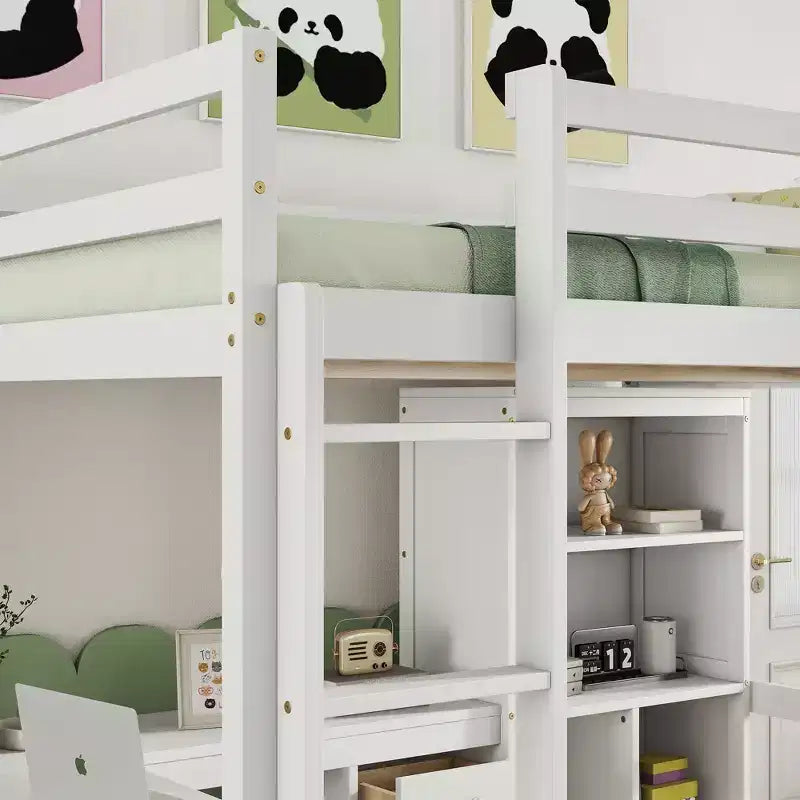 Bellemave Full Loft Bed with Desk, Storage Shelves and Drawers,Wood Loft Bed Frame with Guardrails and Built-in Ladder for Teens and Adults
