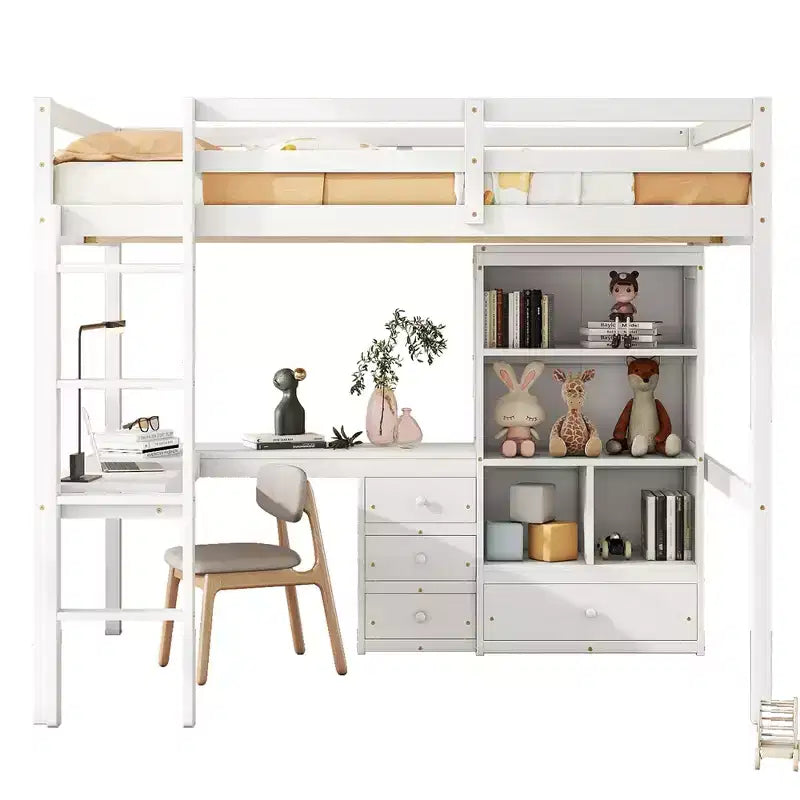 Bellemave Full Loft Bed with Desk, Storage Shelves and Drawers,Wood Loft Bed Frame with Guardrails and Built-in Ladder for Teens and Adults