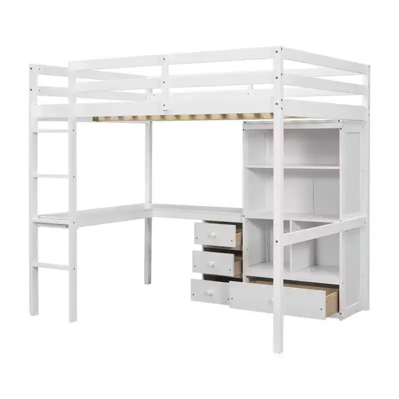Bellemave Full Loft Bed with Desk, Storage Shelves and Drawers,Wood Loft Bed Frame with Guardrails and Built-in Ladder for Teens and Adults