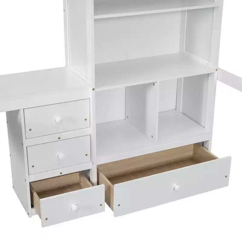 Bellemave Full Loft Bed with Desk, Storage Shelves and Drawers,Wood Loft Bed Frame with Guardrails and Built-in Ladder for Teens and Adults