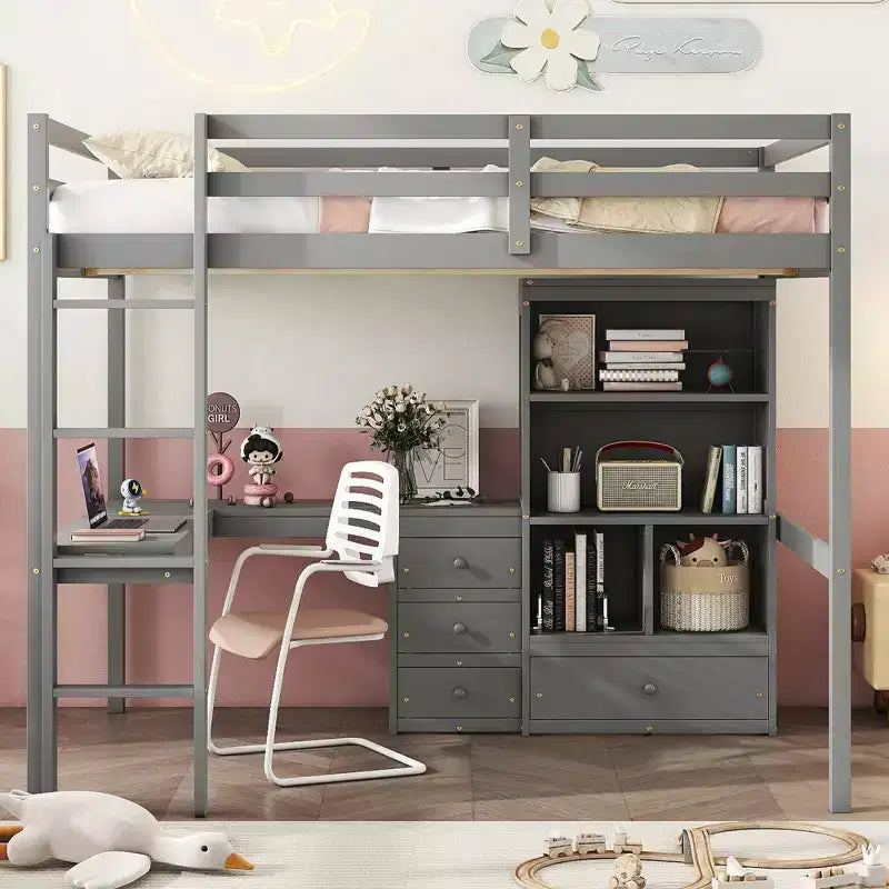 Bellemave Full Loft Bed with Desk, Storage Shelves and Drawers,Wood Loft Bed Frame with Guardrails and Built-in Ladder for Teens and Adults